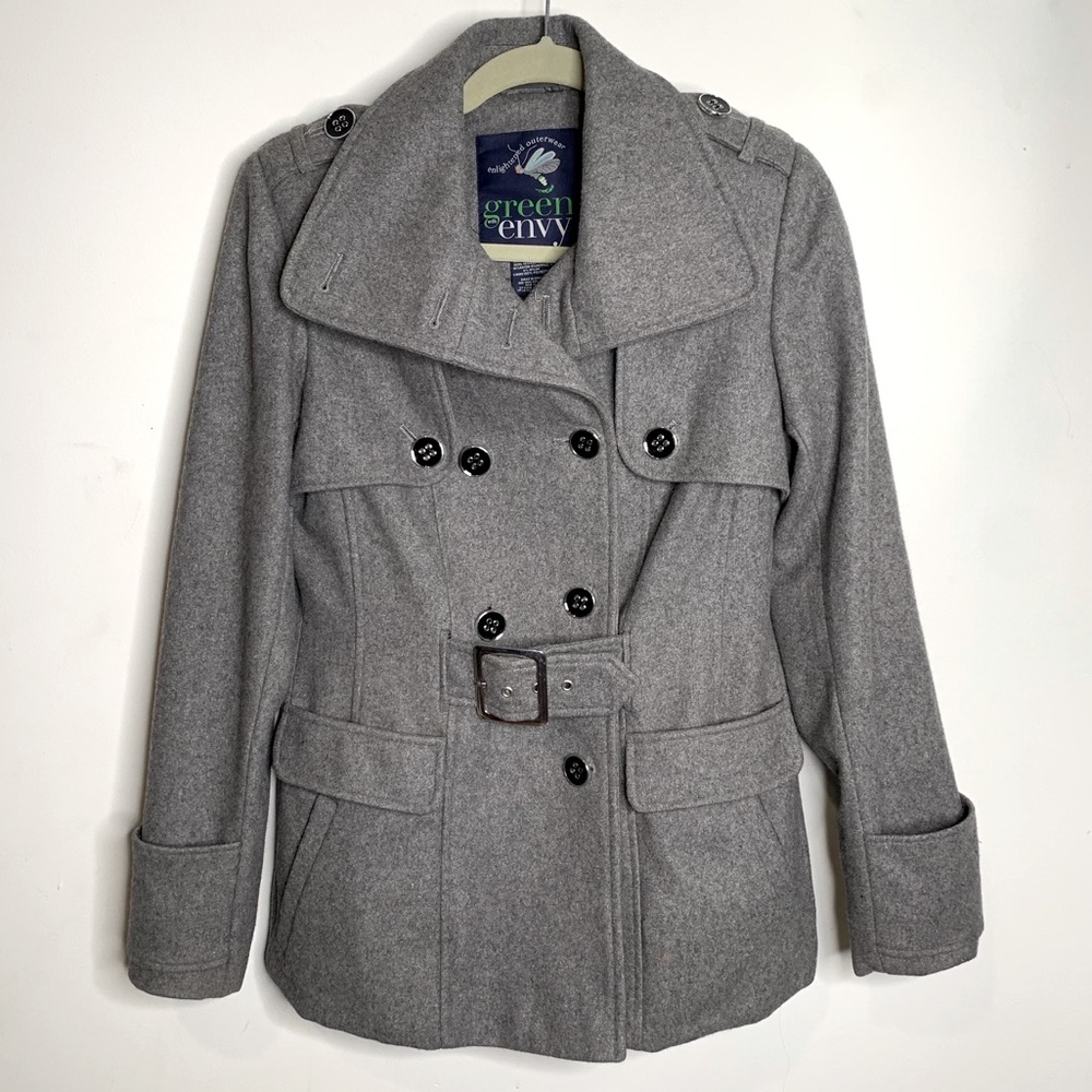 Wool Blend Double Breasted Belted Pea Coat